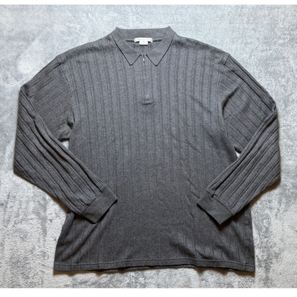 Gray Quarter Zip Ribbed Cotton Long Sleeve Knit Top Old Money Eclectic Grandpa